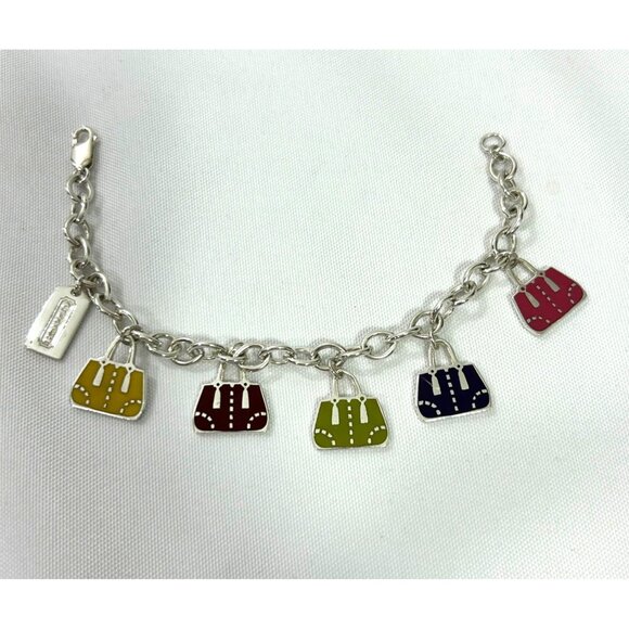 Coach Charm Bracelet Purses Sterling Silver .925 Vtg Multicolored Enamel 7.5” - Picture 1 of 17
